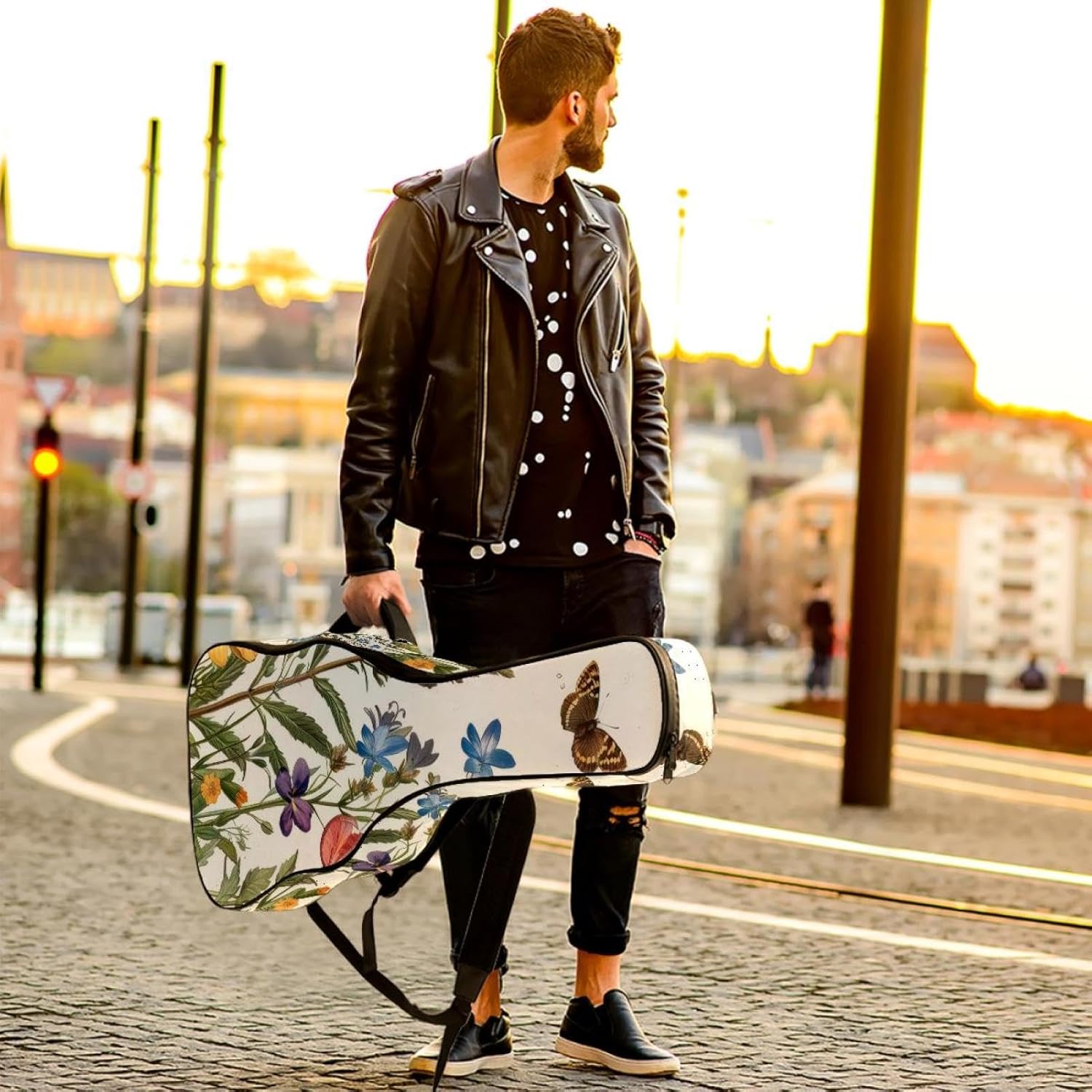 Acoustic Guitar Bag, 40 41 42 Inch Guitar Case Cover Soft Guitar Gig Bag for Acoustic Electric Bass Classical Guitar, Butterflies Wildflowers Floral Herbs