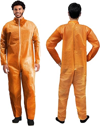 Miniatura 10 de AMZ Medical Supply Overol desechable para hombre y mujer, talla M. Paquete de 1 traje de material peligroso naranja desechable. Overoles de
