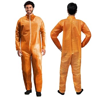 AMZ Medical Supply Disposable Coveralls 2X-Large, Orange, 5 Pack, Lightweight 40 GSM PP+PE, Front Zipper, Open Wrists & Ankles, Unisex Work Coveralls for Men and Women