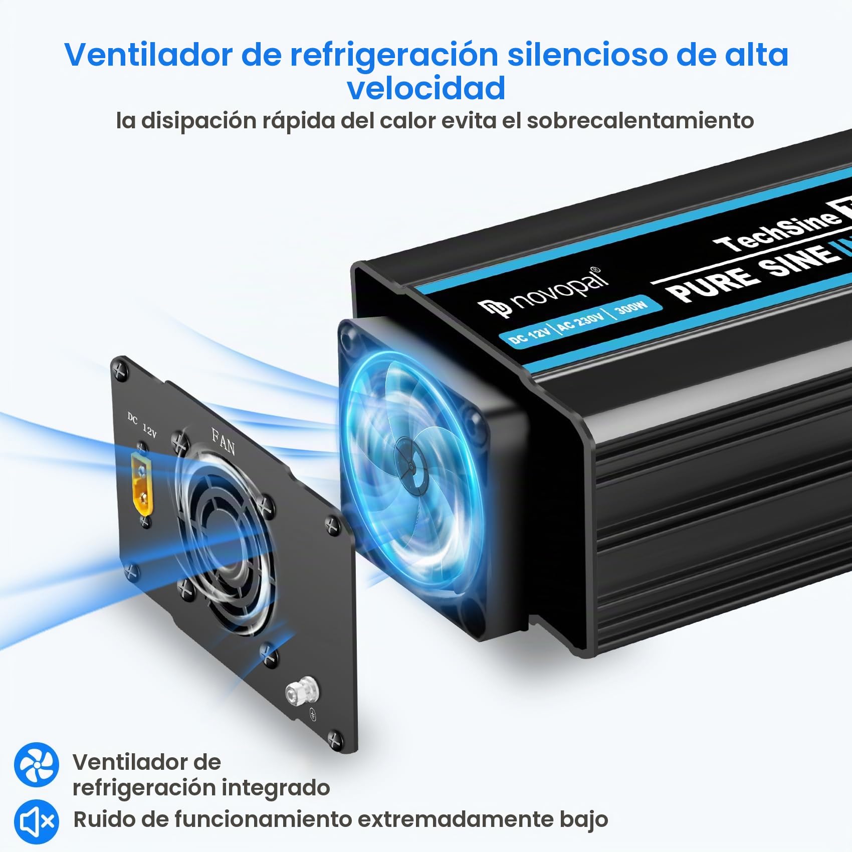 novopal 300W Inversor 12v 220v Onda Pura Coche Convertidor | Inverter con1 salida CA, 4 USB QC18 W+PD 30 W para Camión,Autocaravana,Camping
