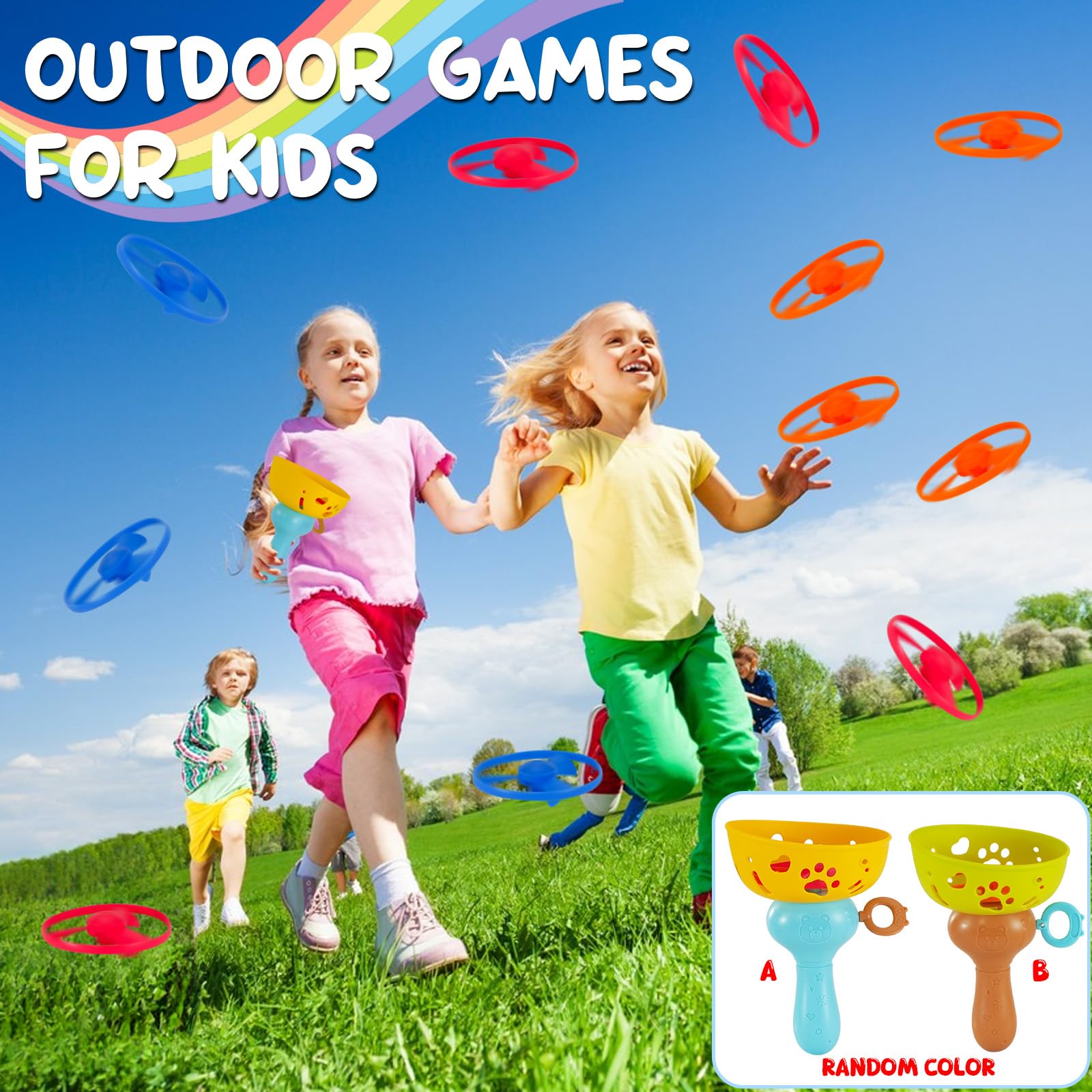 Outdoor Flying Disc Launcher Toys Set Pull-String Launchers Flying Toys Summer Fun Outdoor Activities