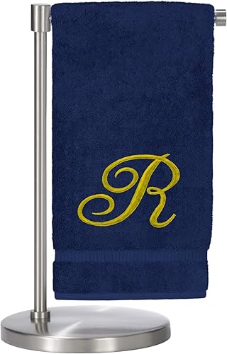 Script R - Toalla de baño con monograma, regalo personalizado, 27 x 54 pulgadas, juego de 1 toalla bordada con texto dorado, 100% algodón turco,