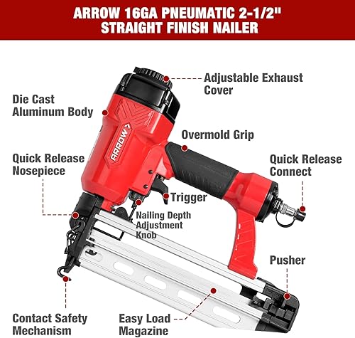 Miniatura 9 de ARROW - Clavadora neumática de acabado de calibre 16 con 1000 clavos, kit profesional de pistola de uñas rectas 16 GA, diseño sin aceite,