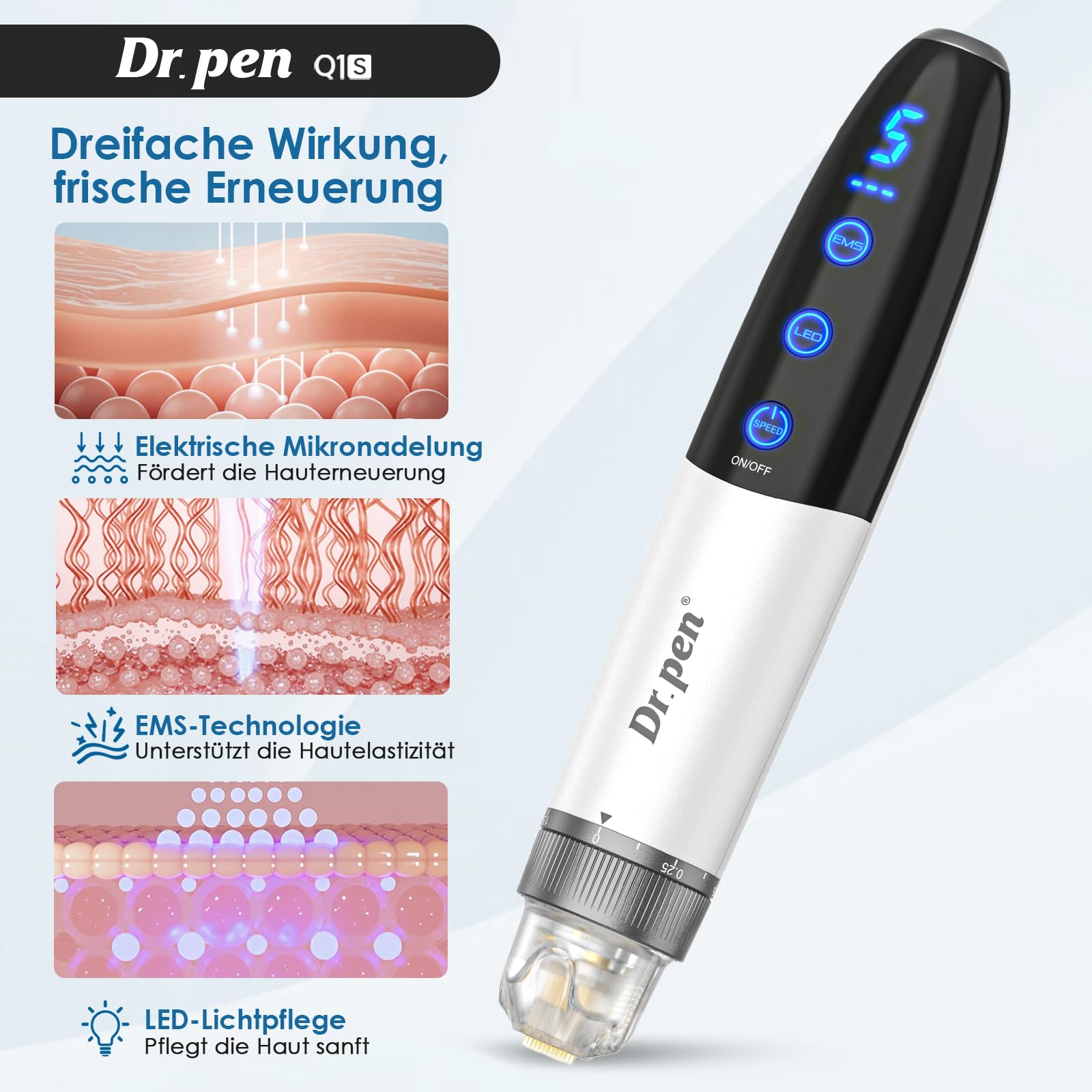 Dr. pen Q1S Microneedling Pen 2026 Dr. Pen Professionelles Hautpflege Gerät | Original Dr. Pen mit Echtheitscode, 2026 Dr pen Neuestes Modell, LED Rot & Blau Licht, 5 Stufen, Tolles Geschenk für Frauen