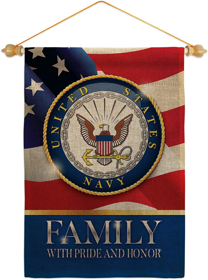 Navy US Family Honor Burlap Garden Flag Set Wood Dowel Armed Forces USN Seabee United State American Military Veteran Retire Official Small Gift Yard House Banner Double-Sided Made In USA 13 X 18.5