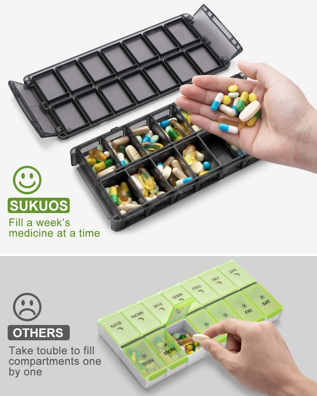 Crаzу Dеаlѕ Pill Organizer 2 Times A Day, Sukuos Am Pm Pill Box 7 Day Weekly Pill Case for Pills/Vitamin/Fish Oil/Supplements(Black)