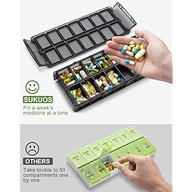 Sukuos Weekly Pill Organizer 7 Day 2 Times a Day, Quick Fill Daily Pill Box (AM PM), Extra Large Pill Cases for Vitamin/Fish Oil/Supplements, Arthritis Friendly, Easy to Clean