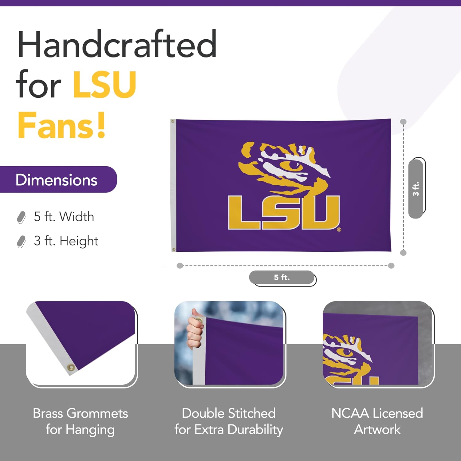 LSU Tigers College Sports Printed Flag - NCAA Licensed - Nylon - School Banner (Yellow, Purple, White) (3' x 5')