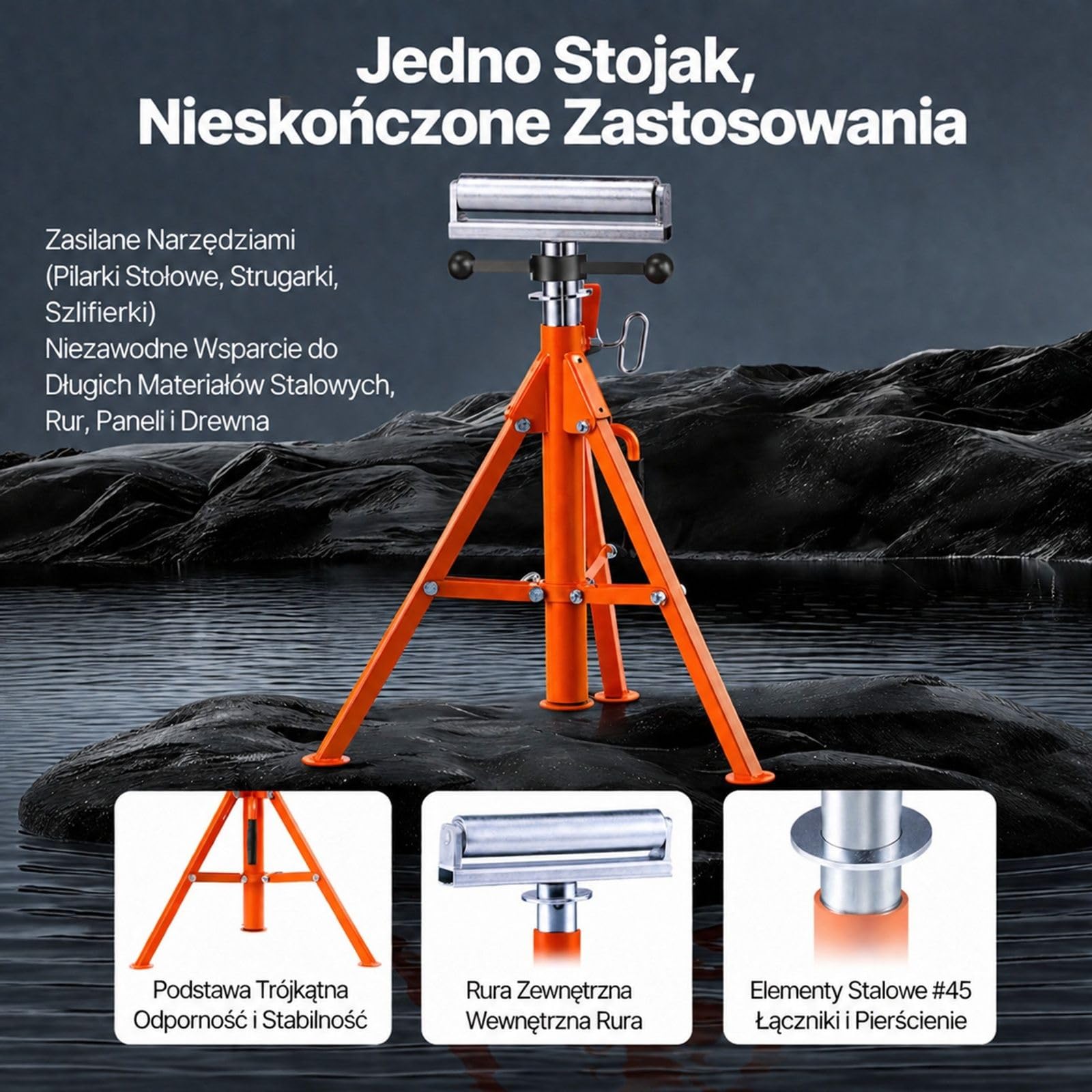 Regulowany stalowy stojak rolkowy, składana podpora robocza i montażowa do piły stołowej, strugarki oraz szlifierki, z głowicą rolkową