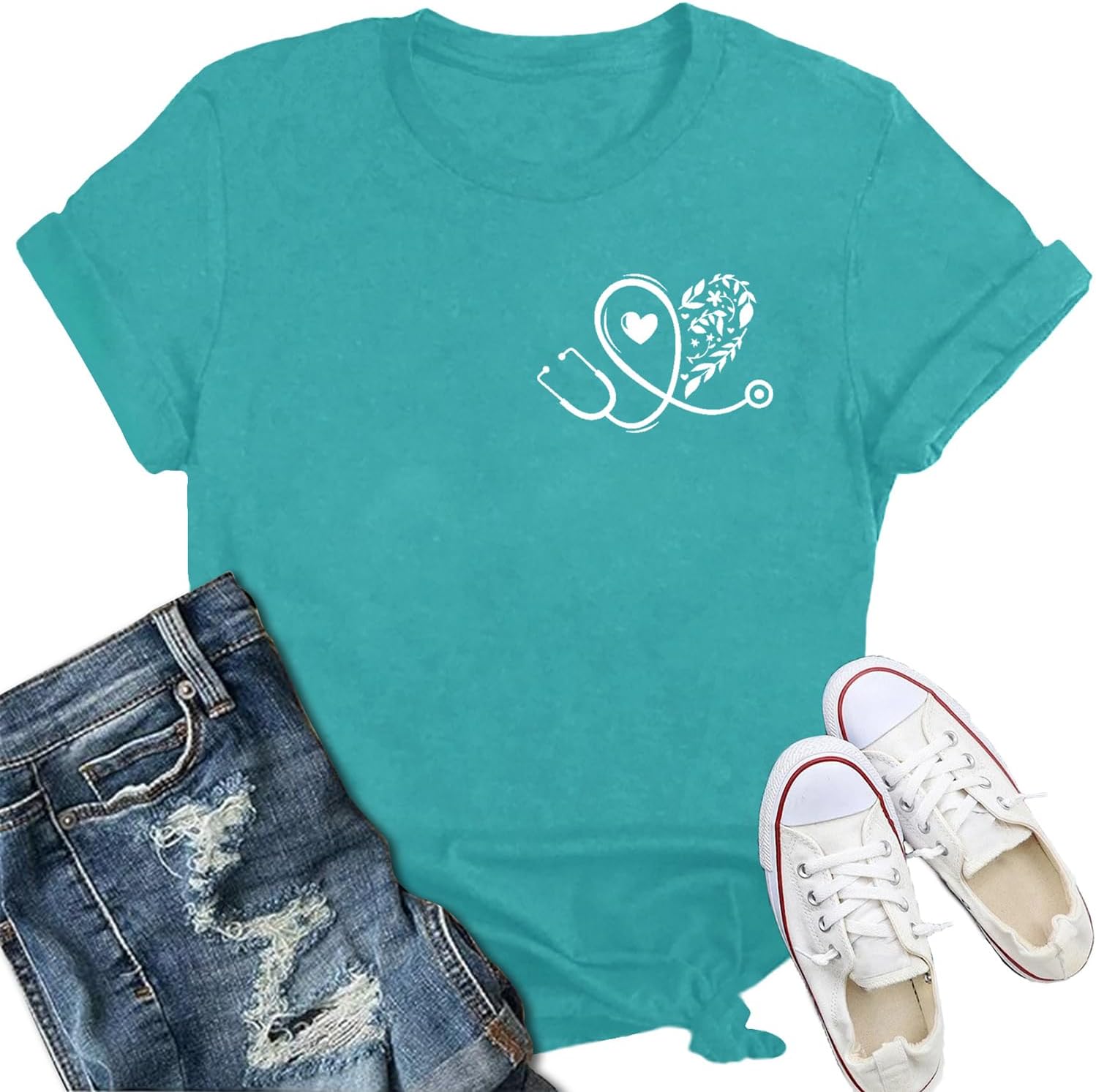 Nurse Shirts for Women Nurse Day T-Shirt Nursing Stethoscope Heart Tshirt Heartbeat Tee