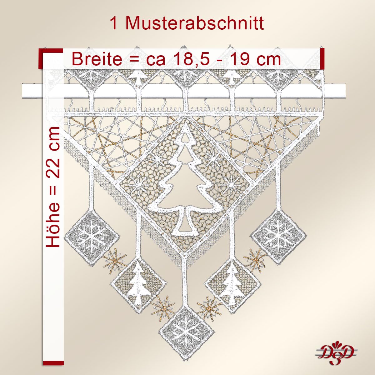 Feenhaus-Spitzengardine Winterbäumchen | Moderne Winterdeko Plauener Spitze | Mini-Scheibenhänger mit Tannenbäumen und geometrischen Mustern in weiß-Gold | Fensterdeko 20cm hoch, viele Breiten