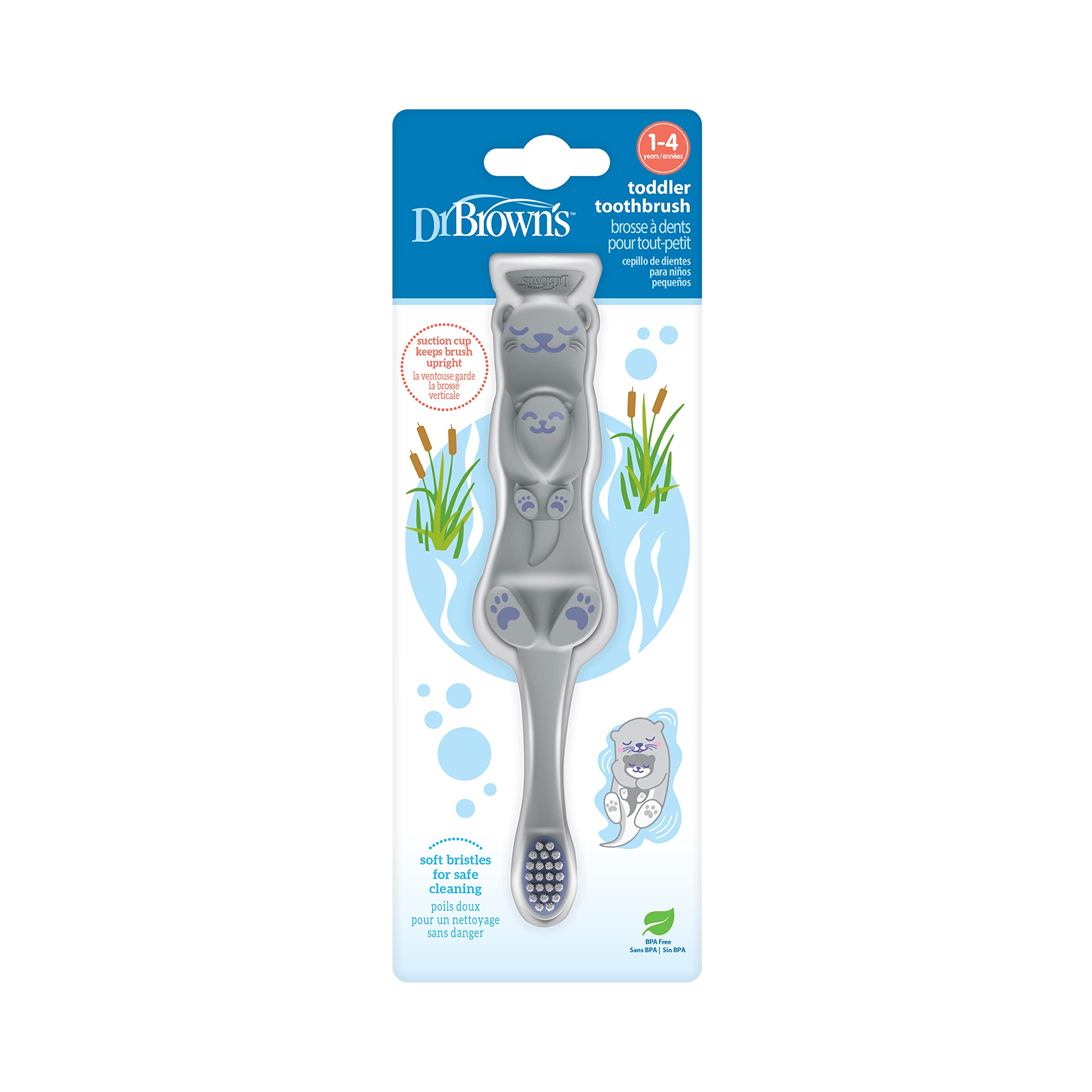 Dr Brown's Natural Flow Dr. Otter Toddler Toothbrush, Soft Bristles with Suction Cup for Storage, BPA Free, Ages 1 4, 1 Pack