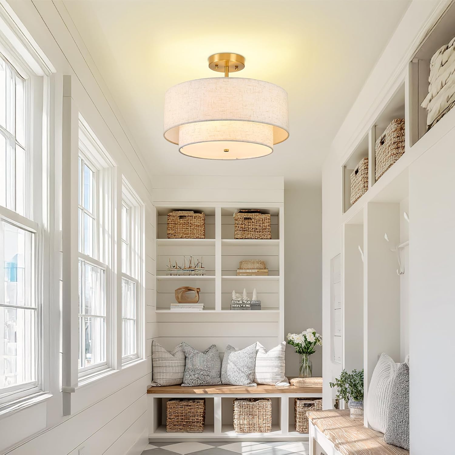 16" Semi Flush Mount Ceiling Light, 3-Light Double Drum Fabric Linen Shade for Living Room, Bedroom, Kitchen, Dining Room, Hallway and Entryway