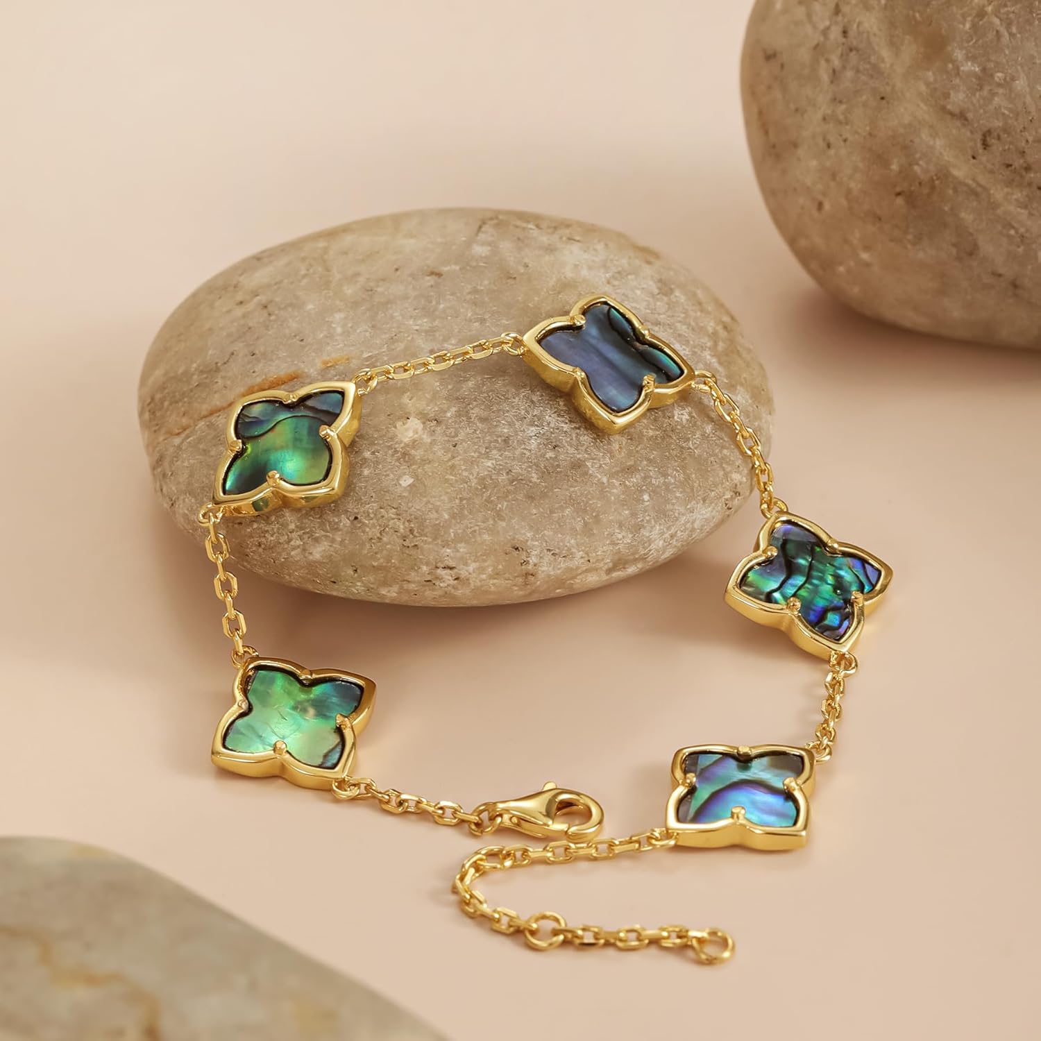 18K Gold Plated Abalone Shell Clover Bracelet, 8.6 Inch Chain with 2 Inch Extender, Adjustable Dainty Link Charm Bracelet - Image 7