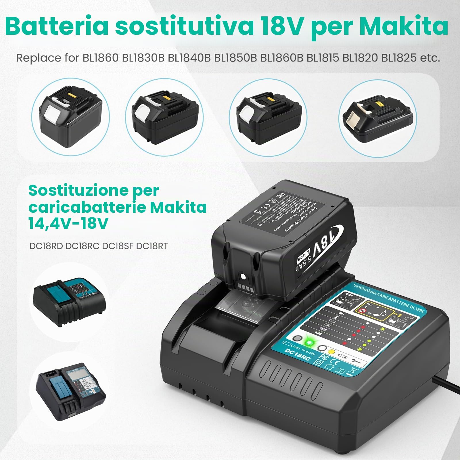 Batteria e caricatore da 18 V per Makita LXT, ASUNCELL 5,5 Ah DC18RC, compatibile con batterie agli ioni di litio da 14,4 V-18 V, BL1830 BL1850 BL1430 (spina UE)