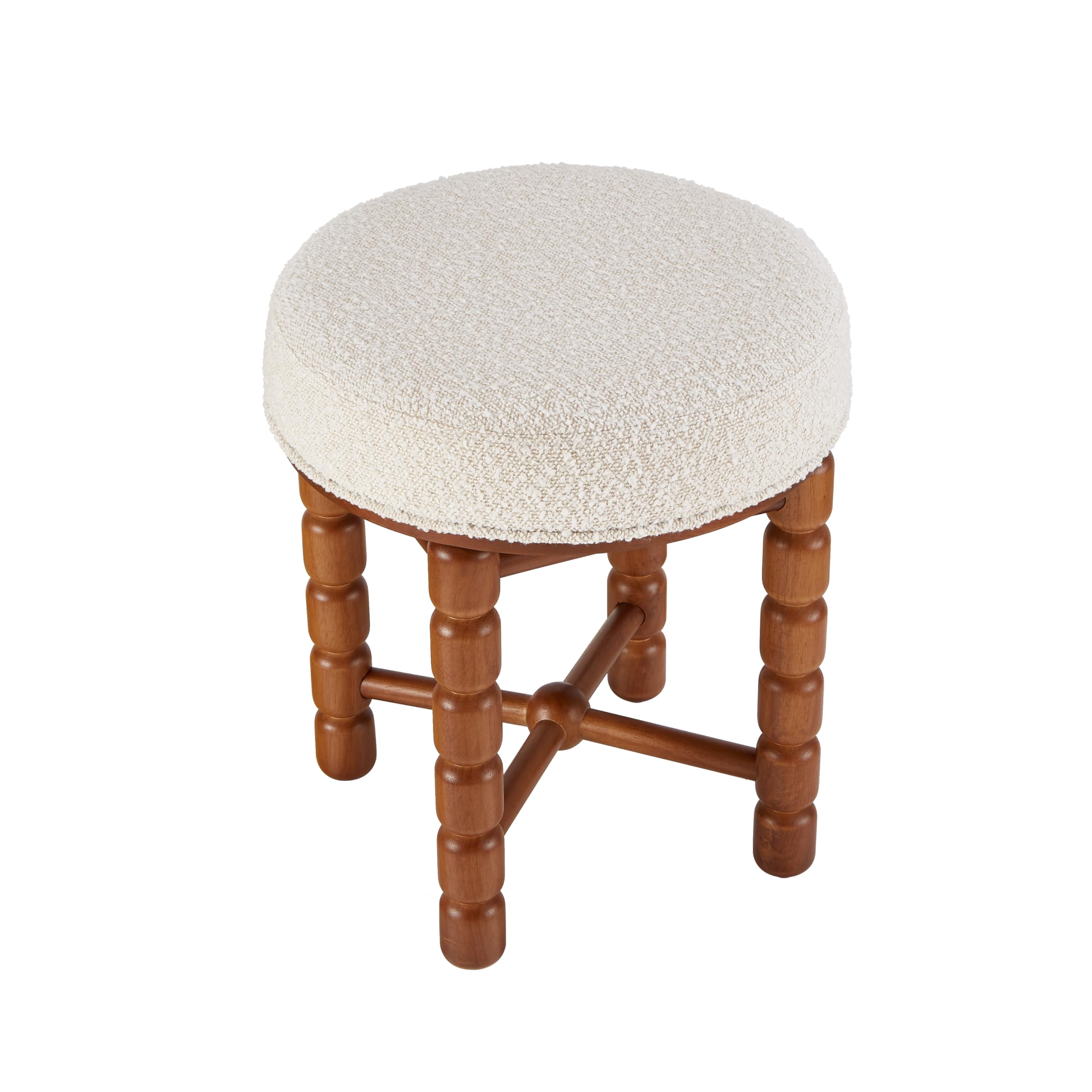 Spindle Vanity Stool, Antique Makeup Stool, Mid-Century Upholstered Vanity Ottoman, Vintage Cushion Boucle Foot Stool for Entryway, Bedroom, Living Room, Makeup Room(16"Dx16"Wx18"H, White)