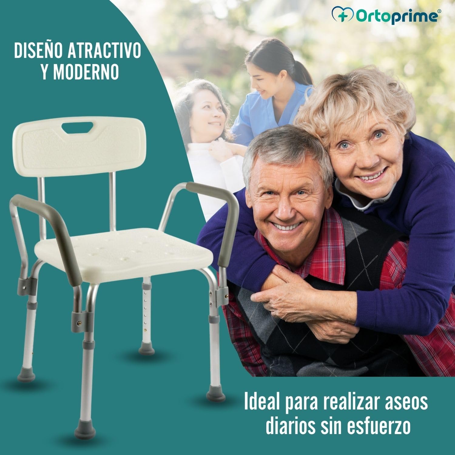 OrtoPrime Silla Ducha con Respaldo Extraíble - Taburete Baño Ortopédico Adultos y Niños - Reposabrazos Acolchados - Regulable 6 Alturas - Asiento de Aseo Cómodo y Seguro