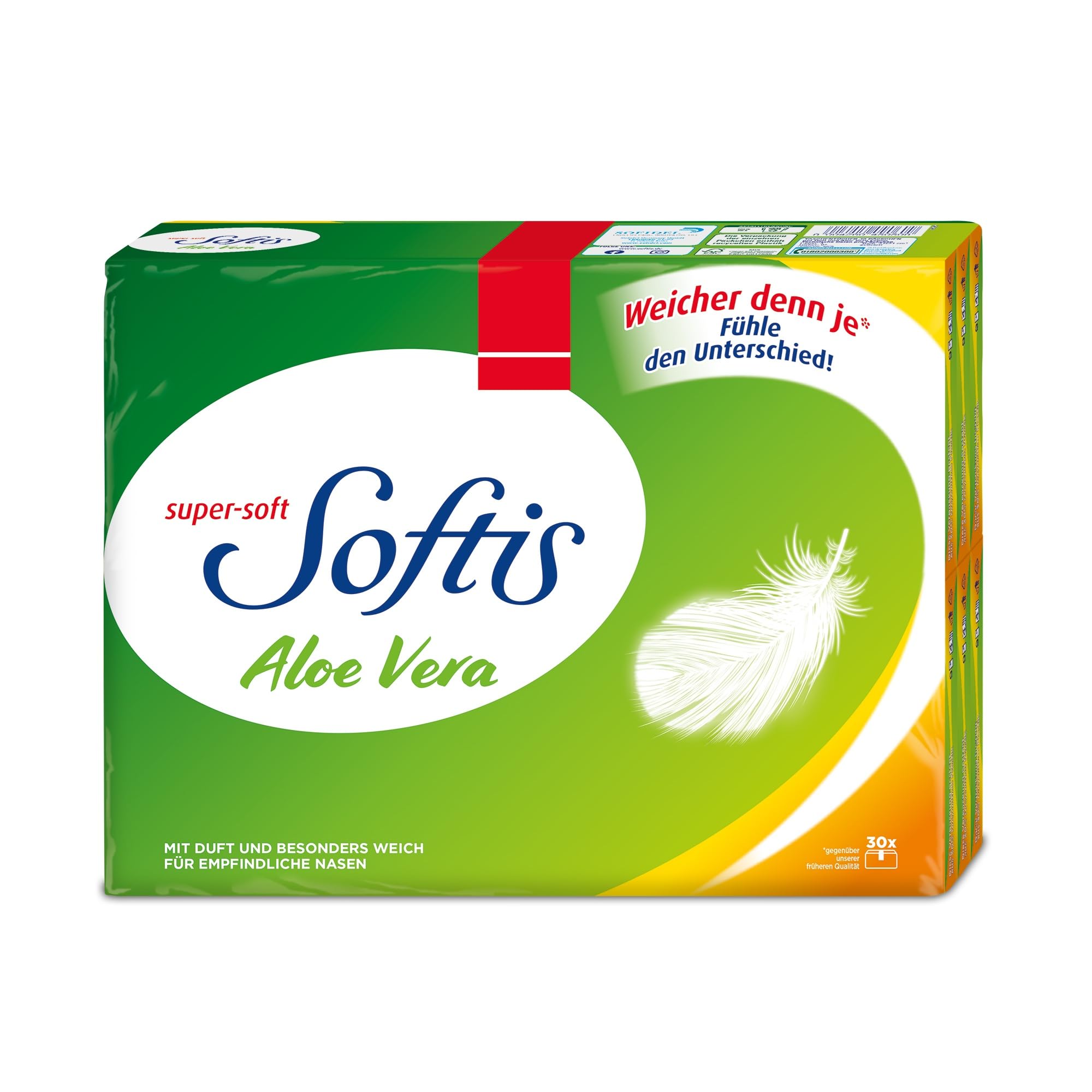 Softis Aloe Vera, 300 (30 x 10) Päckchen Taschentücher, 4-lagig | Taschentücher mit feinem Duft und Aloe Vera Lotion, Seitliche Öffnung zur hygienischen Tuchentnahme, FSC-zertifiziert