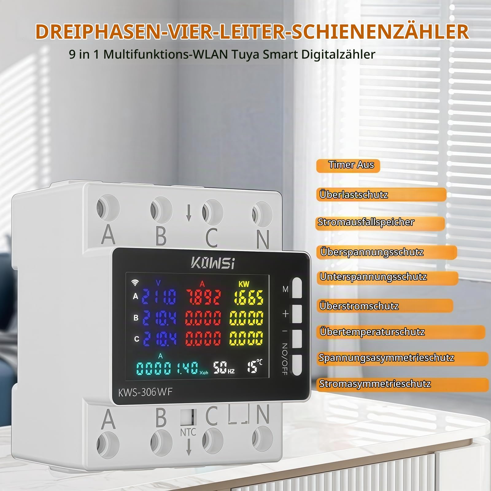 Stromzähler 3-Phasen 4-Draht, 9 in 1 Wlan Tuya Smart Meter mit LCD-Display, Digitaler Stromzähler DIN Hutschiene Drehstromzähler, Geeicht Drehstromzähler für Leistungsmesssystemen Eingesetzt
