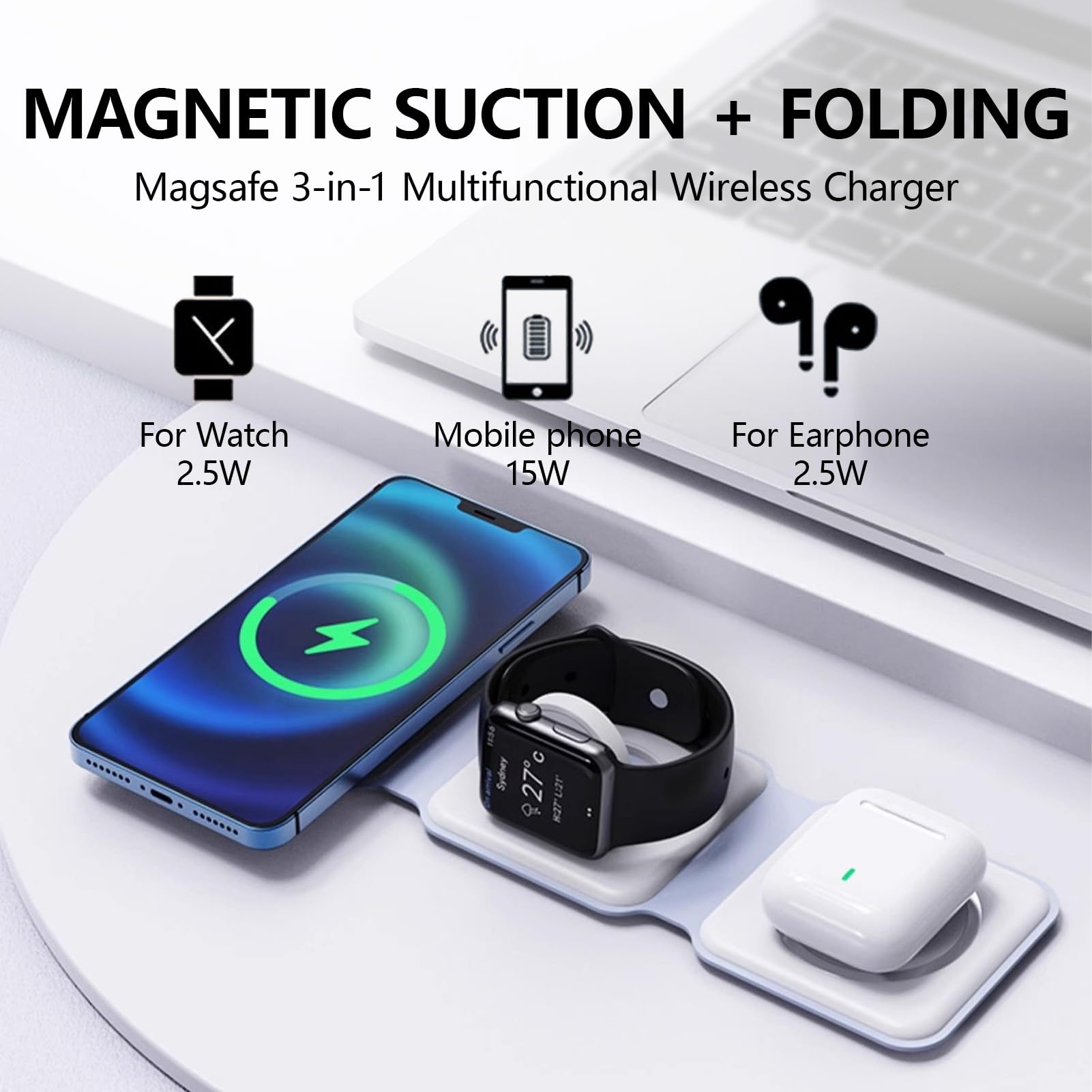Dock do ładowania bezprzewodowego, składana stacja ładująca 3 w 1 do indukcyjnego ładowania dla Apple Watch i i-Phone, bezprzewodowa ładowarka kompatybilna z Apple Watch 10/9/8/7, i-Phone 17/16/15/14