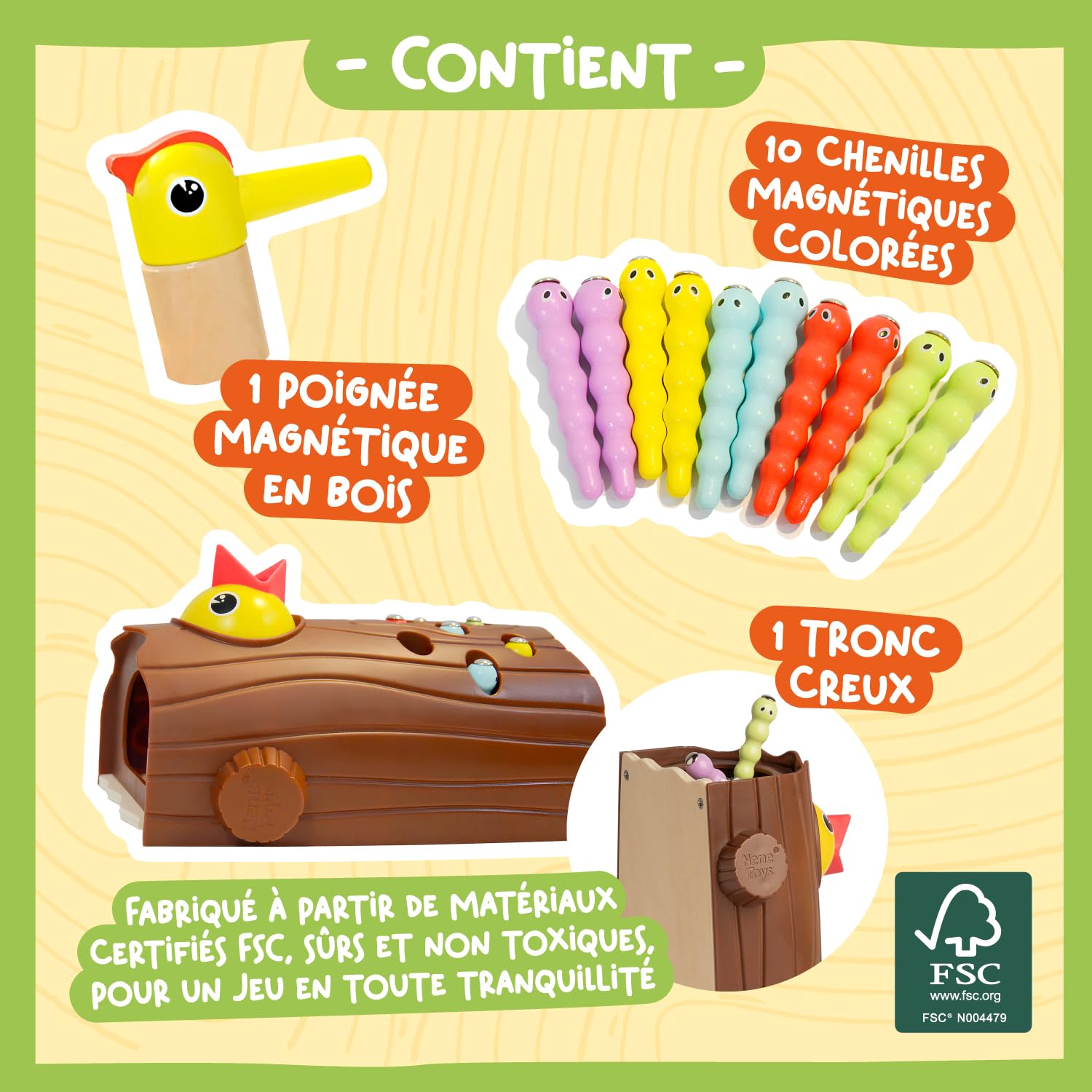 Nene Toys Petit Pic-vert, Jouet Magnétique pour Enfants 2 Ans – Jeu Éducatif en Bois pour Tout-Petits, Améliore la Motricité Fine et la Reconnaissance des Couleurs – Cadeau pour Garçons Filles 2 3 Ans