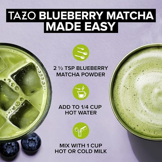 TAZO Organic Blueberry Matcha Latte Powder, Sweetened, 10 Servings, 3.5 oz