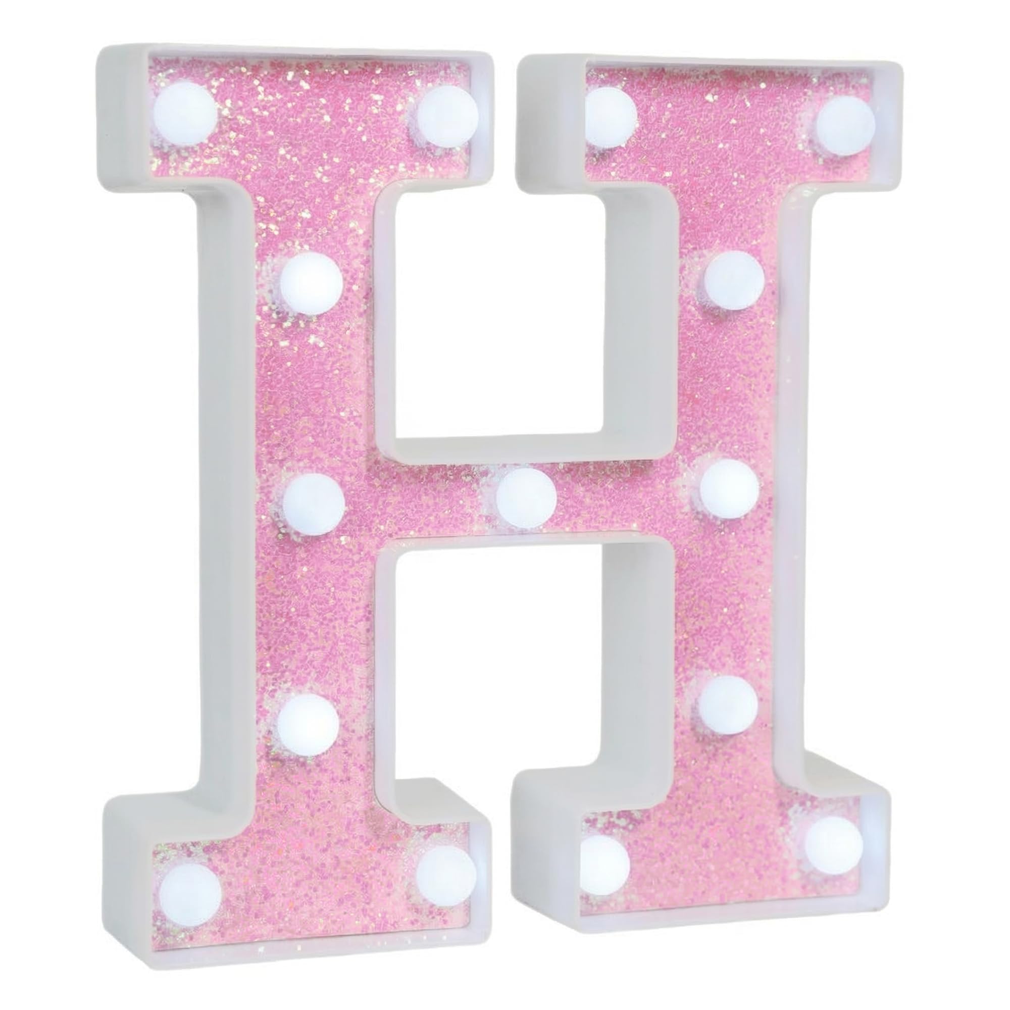 EUFONY Pink Glitter Marquee Light Up Letters, Battery Operated LED Letter Lights Signs for Pink Birthday Party Table Decorations, Wall Decor for Girls Bedroom, Initial Letter H with Cool White Lights