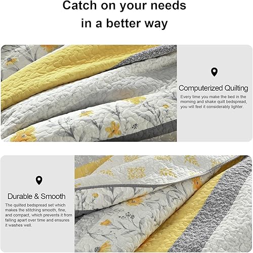 Miniatura 9 de PANGUSHAN Juego de edredón de 100 % algodón, tamaño King, juego de ropa de cama tamaño King, reversible, floral, color amarillo, colcha acolchada,