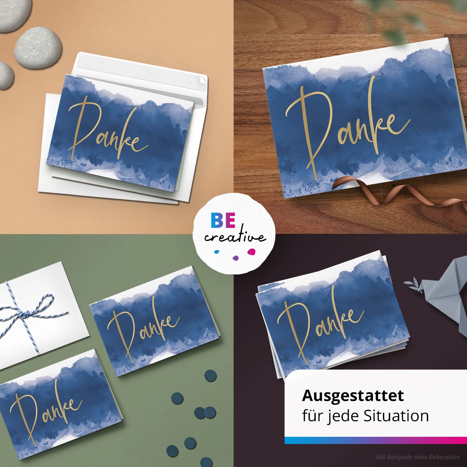 50 Dankeskarten mit Umschlag - Motiv Aquarell Blau - moderne Klappkarten Danksagungen, Danke sagen, bedanken, Dankeschön Karten
