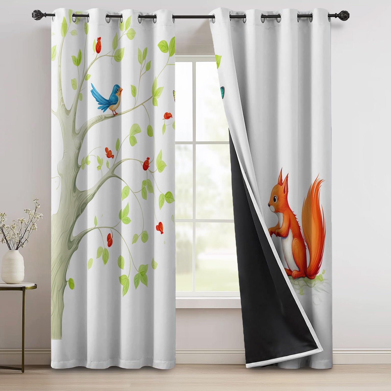 Kreskówka wiewiórka z nadrukiem latającego ptaka, 100% zasłony zaciemniające do sypialni i salonu 168 x 229 cm (2 panele) - izolacja termiczna, energooszczędne zasłony z oczkami, redukcja hałasu