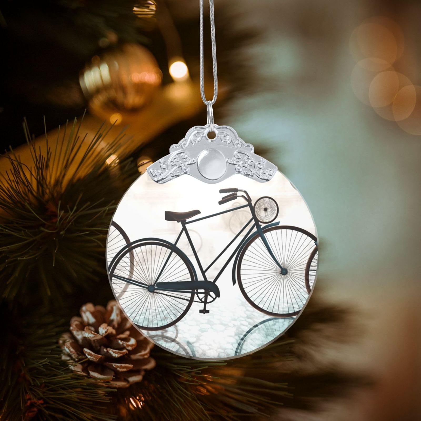 Crystal Christmas Ornaments for Christmas Tree Decoration Hanging Retro Bicycle Ornament with Gold Ribbon Crafts Round Pendant for Keepsake Gifts Glass Xmas Decor Party Supplies