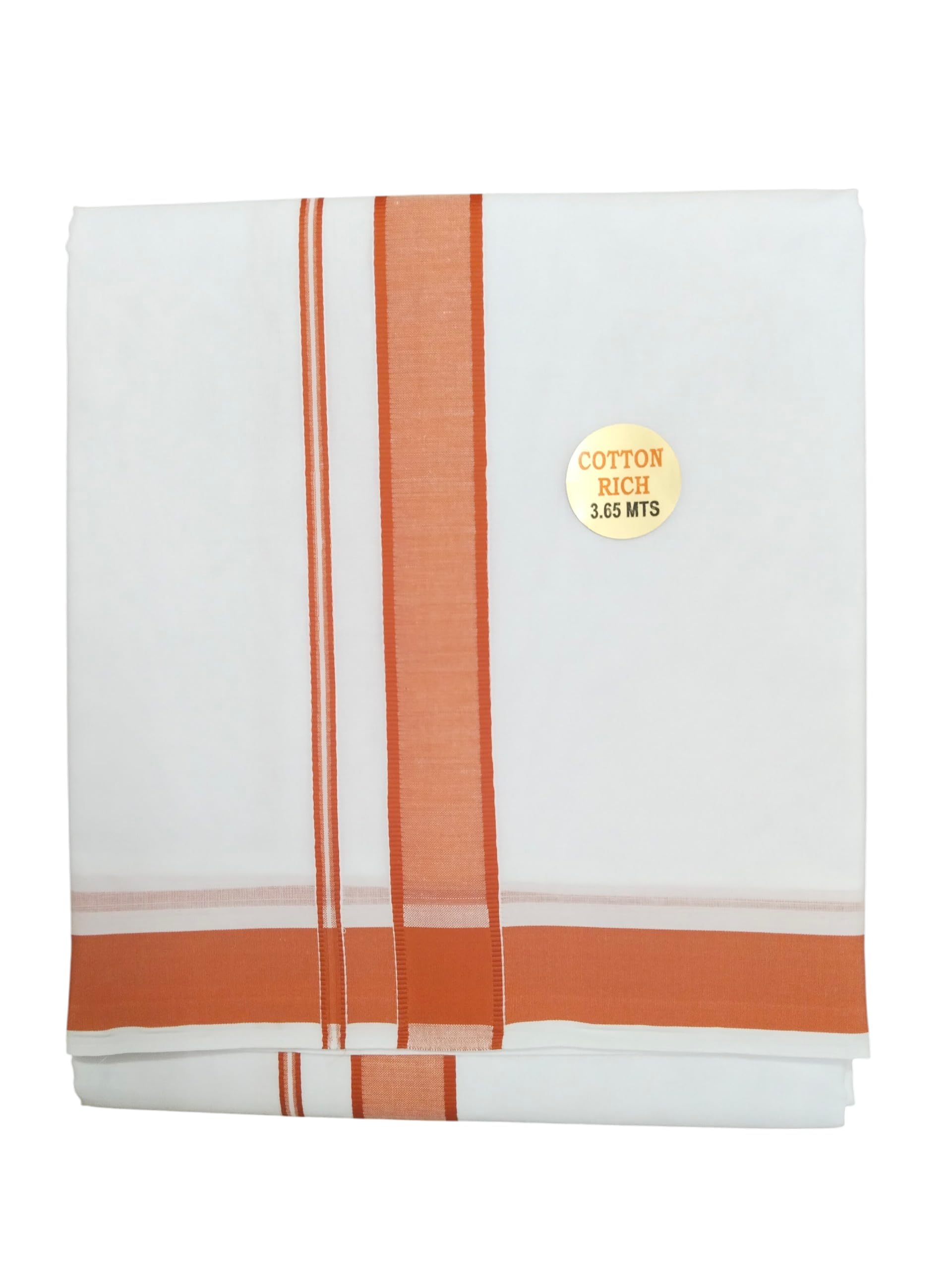 sri raajam textiles RAAJAM Traditional Mens Pure Cotton White Dhoti,Orange Border, 3.65 Metres Size, 8 Yard Double Layer Dhoti-picture-54