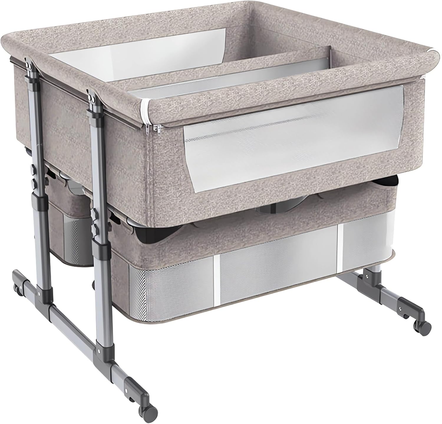 3-In-1 Co-Sleeper,Twins Baby Bed Sleeper, Cot with Storage Basket, Portable Basinette Baby Bed, 6 Height Adjustable Anti-Emesis Bedside Table B