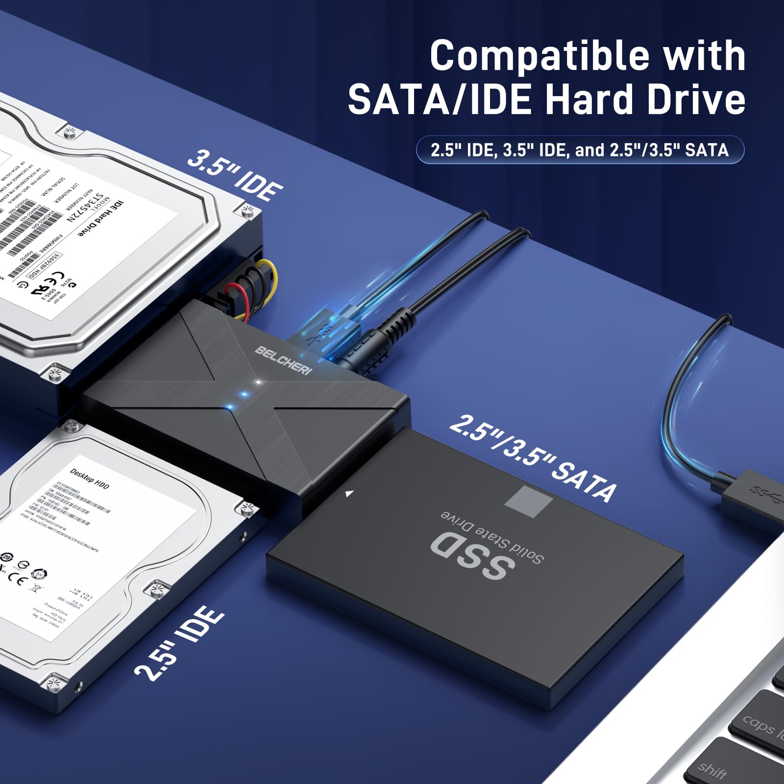 Adattatore USB 3.0 a IDE e SATA, Adattatore per Disco Rigido Esterno Universale da 2,5 o 3,5 Pollici SATA o IDE HDD SSD, Convertitore IDE e SATA con Adattatore di Alimentazione da 12V