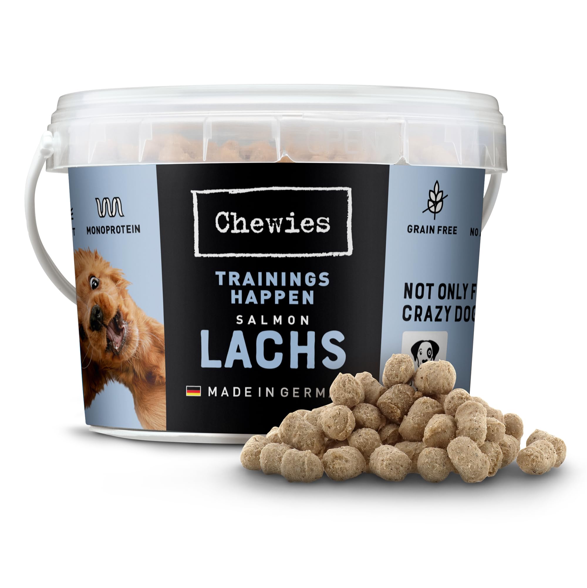 Chewies Proteine per cani salmone, senza cereali, morbide e senza zucchero, in un secchio richiudibile, prodotto in Germania (8 x 300 g)