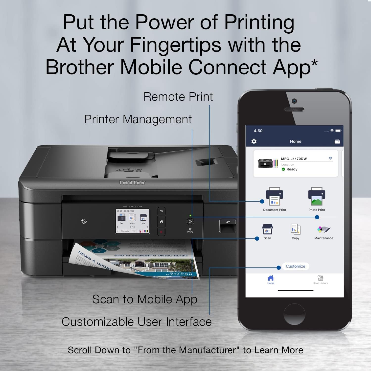 Brother MFC-J1170DW Wireless Color Inkjet All-in-One Printer with Mobile Device Printing, NFC, Cloud Printing & Scanning, Refresh Subscription and Amazon Dash Replenishment Ready (Renewed Premium)