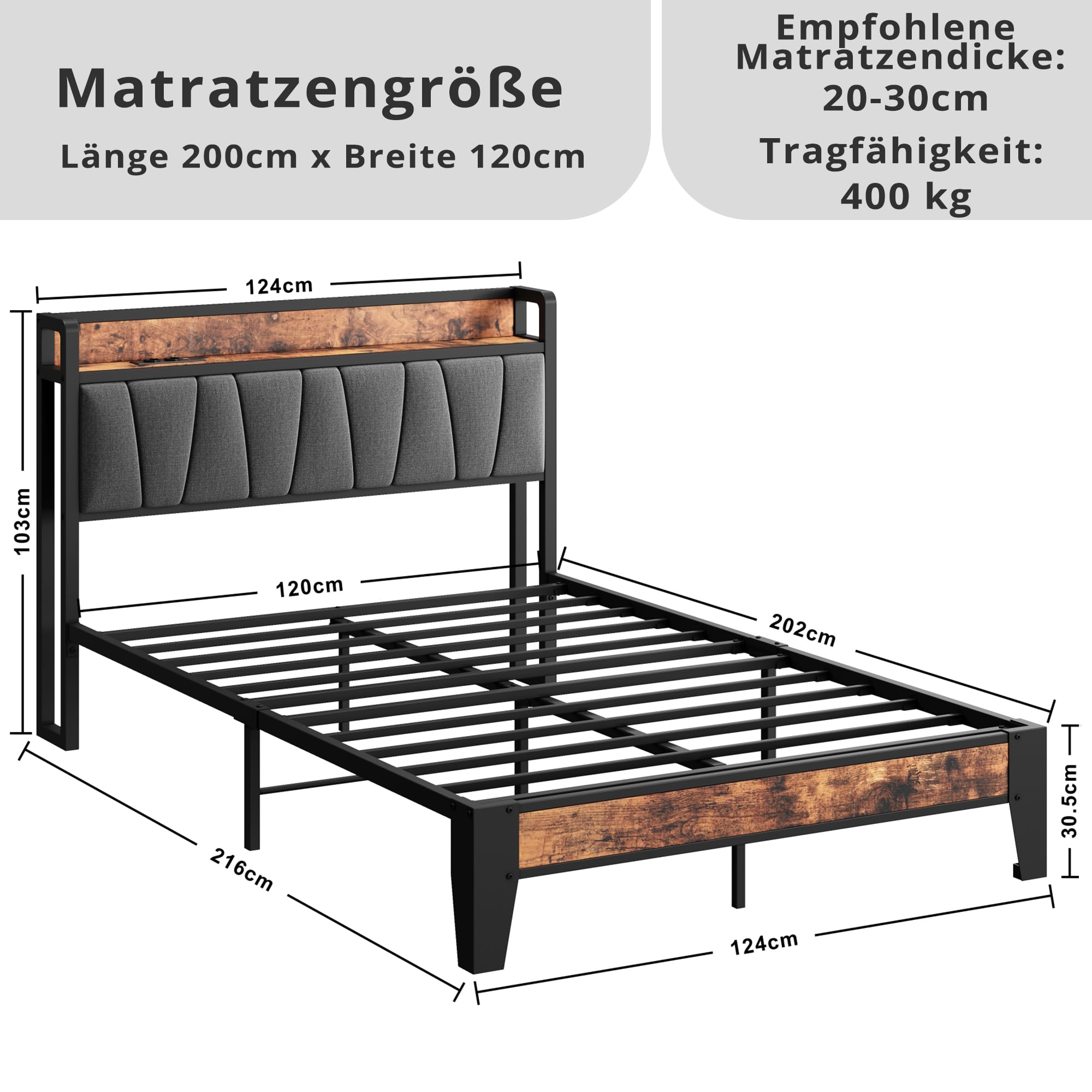 Ironck Bett 120x200 mit Ladestation (2 AC-Steckdosen – Bild 2