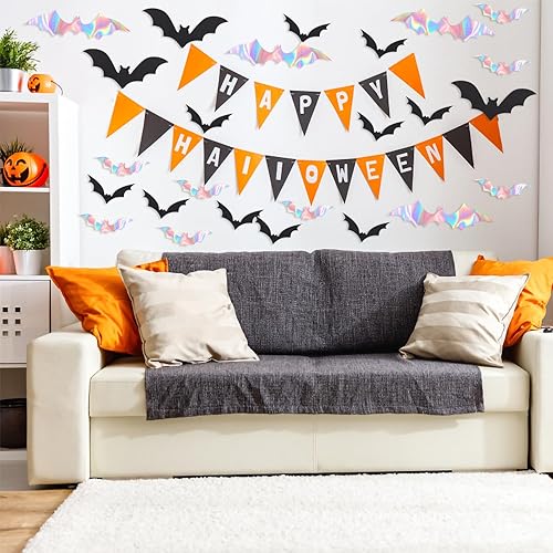 Miniatura 7 de 48 piezas de decoración de Halloween de murciélagos, calcomanías holográficas de pared de murciélagos de Halloween, calcomanías holográficas de