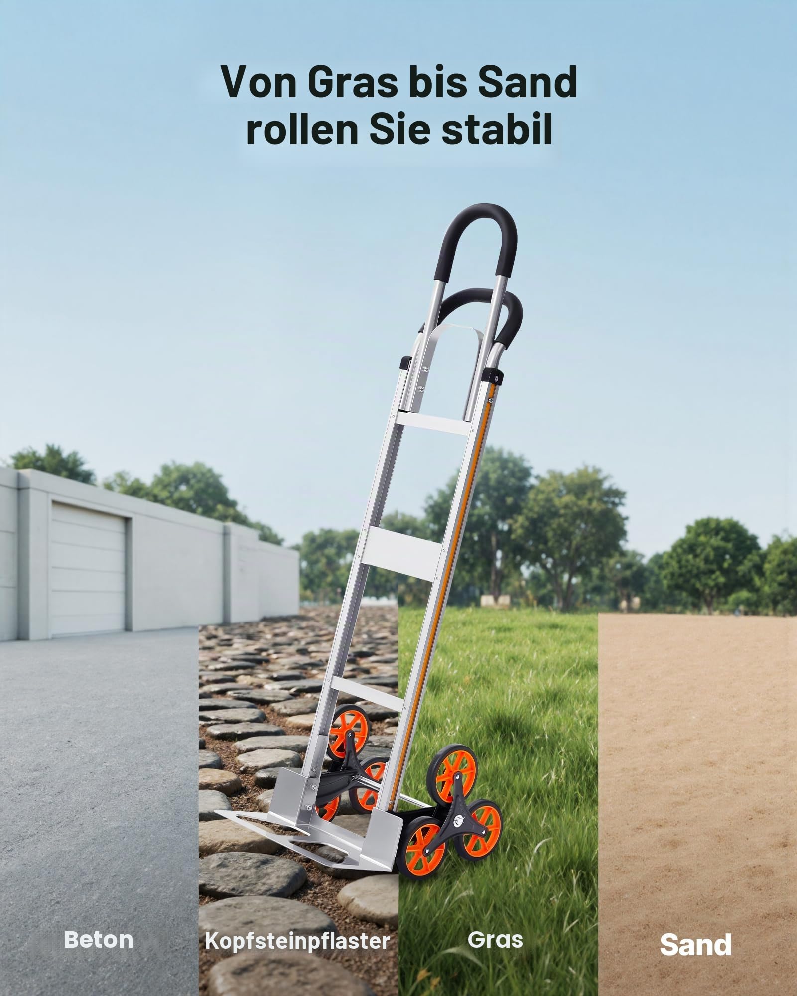 VEVOR Treppensackkarre Klappbar, Sackkarre 150 kg Tragkraft, Treppensteiger aus Aluminiumlegierung mit Teleskopgriff, 6 Rädern & 2 Spanngurten, Stapelkarre für Haushalt, Einkauf & Lager