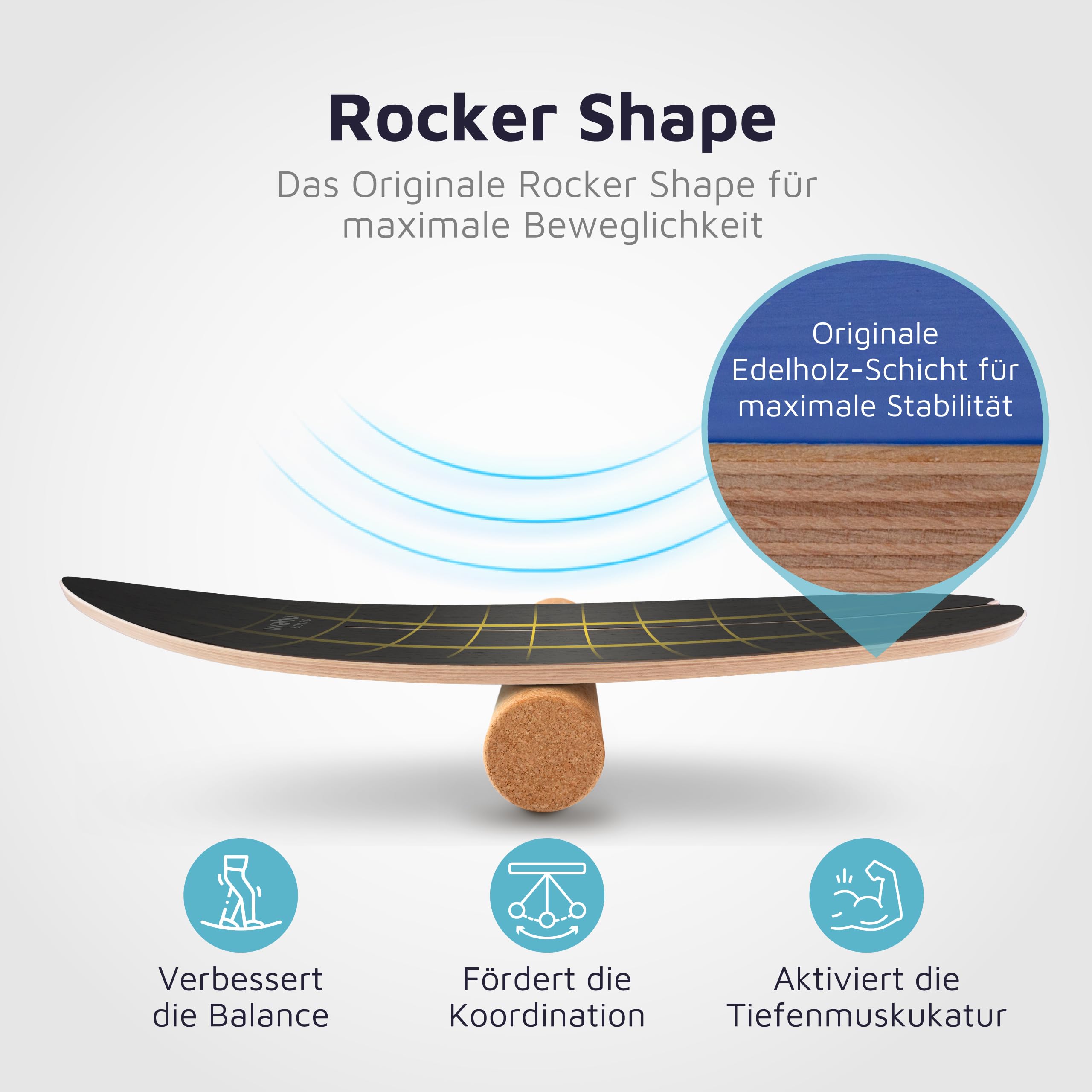 WAHU Balance Board Black Schwarz | 3in1 Set | Surf Balance Board aus 100% Holz mit Rocker Shape & Rolle | Gleichgewichtstrainer für Kinder & Erwachsene | Fitness & Spaß Zuhause