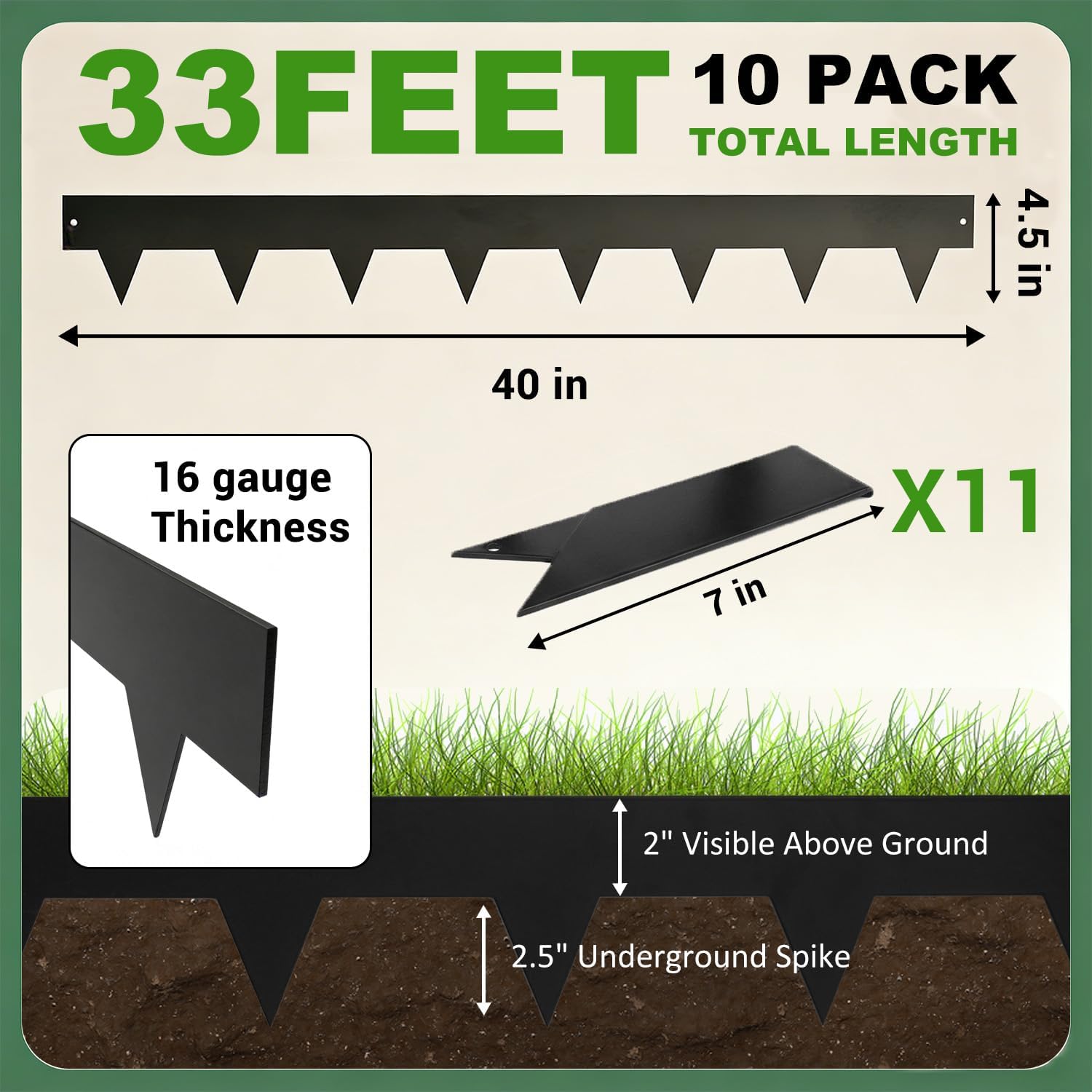 Hugeleaf 4.5 Inch Metal Landscape Edging, Metal Garden Edging with 11Pcs Stakes, 40 Inch Steel Landscape Edging Pack of 10 (33 Feet Total Length)