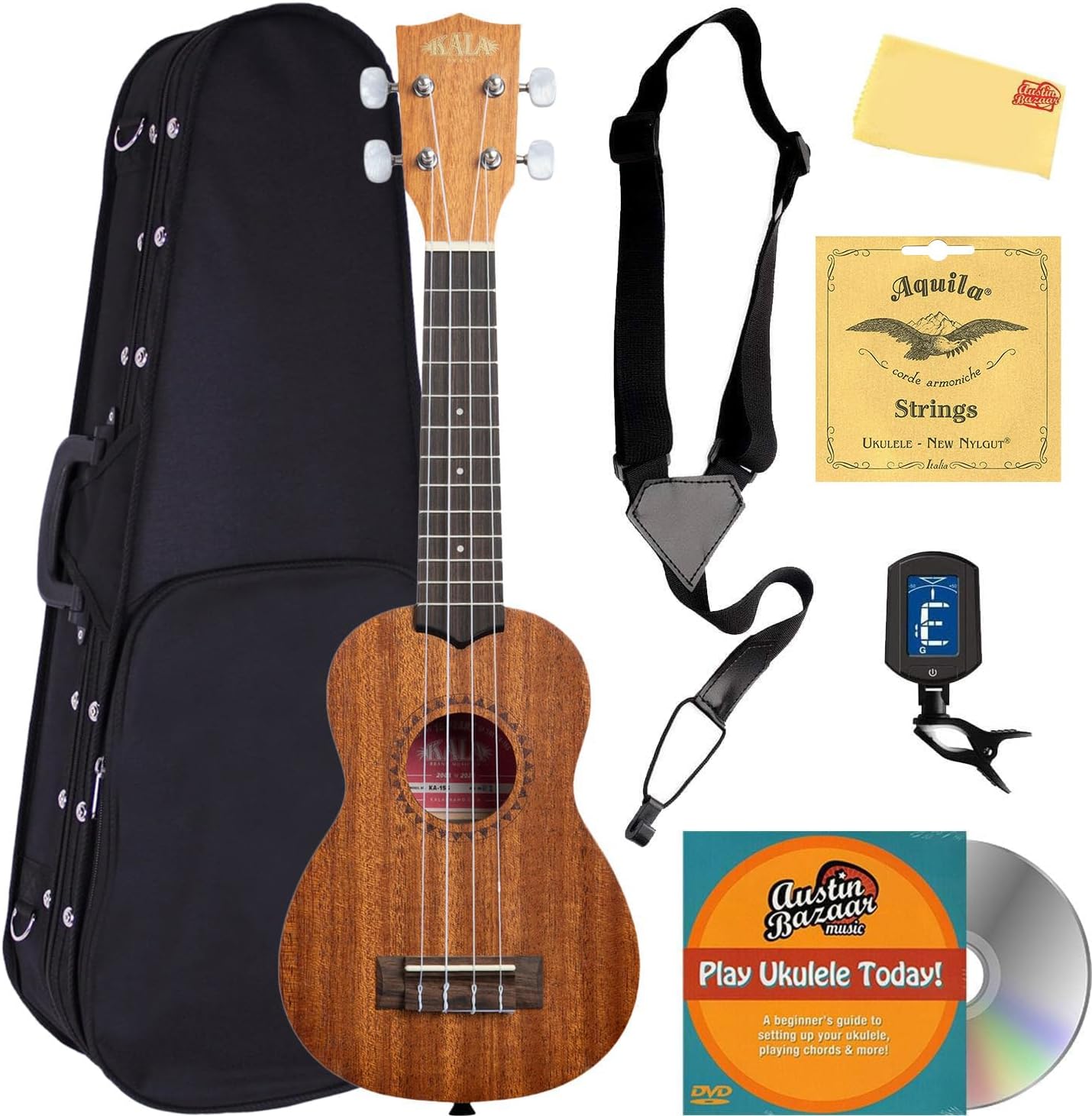 Kala KA-15S Mahogany Soprano Ukulele Bundle with Hard Case, Tuner, Strap, Fender Play, Austin Bazaar Instructional DVD, and Polishing Cloth