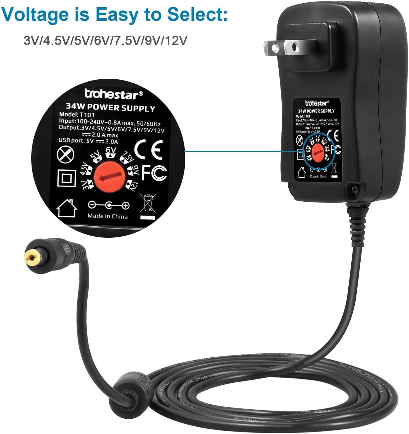 trohestar 34W Universal AC DC Adapter Multi Voltage Switching Replacement Power Supply with 8 Selectable Adapter Tips& Micro USB Plug for 3V to 12V Household Electronics LED Strip Light - 2000mA Max