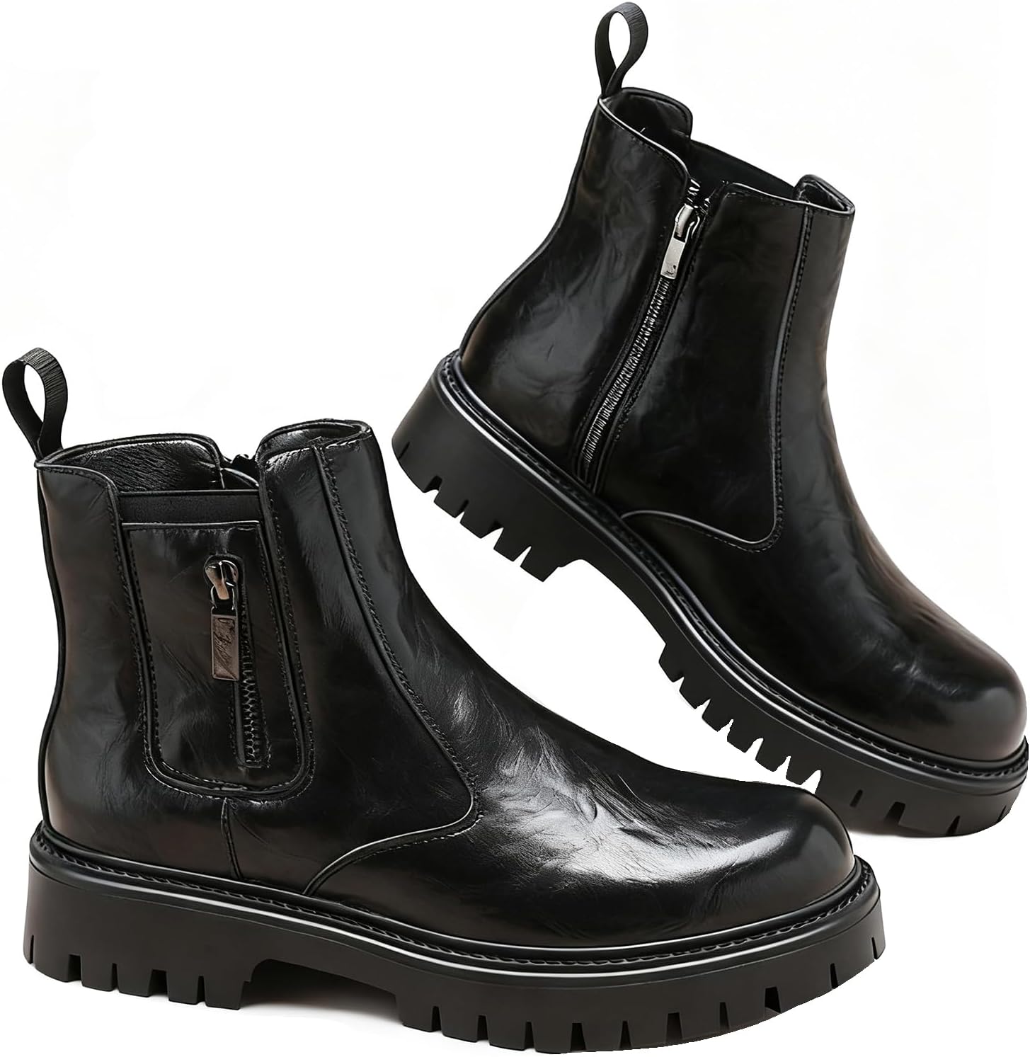 Men's Wrinkled Leather Platform Chelsea Boots with Side Zipper Fashion Round Toe Lug Sole Motorcycle Combat Booties Causal Business Wedding Office Work Dress Ankle Boots