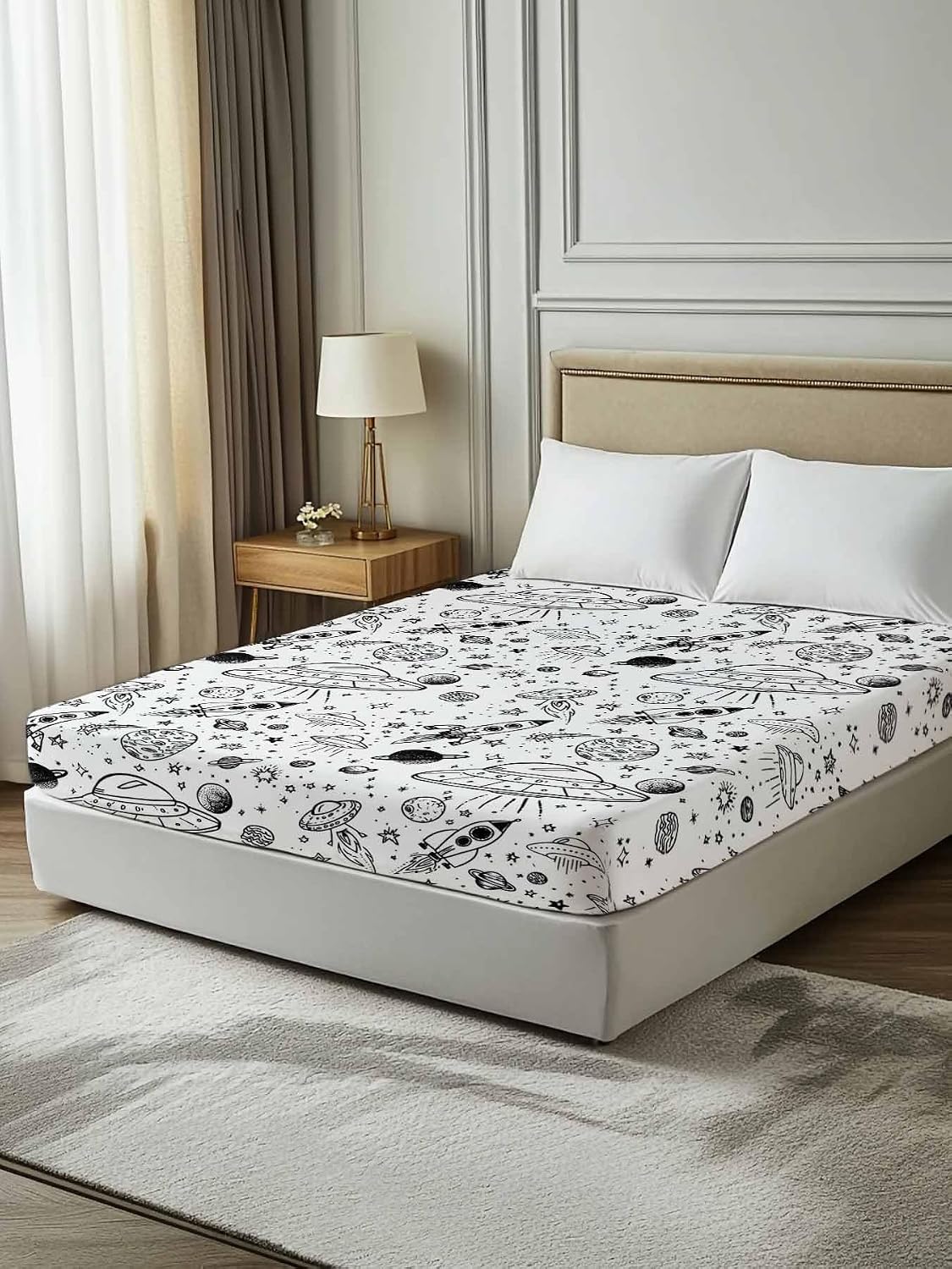 Full Flat Sheet, Black White Cartoon Space Full Bed Sheets Only, Soft Microfiber Flat Sheet, Star Spacecraft Rocket Meteorite Hotel Quality Bedding Top Sheet Bedroom Home Dorm Decor