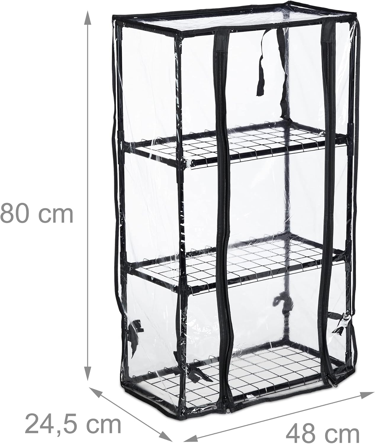 Relaxdays Balcony Greenhouse, PVC Film, Steel, H x W x D: 80 x 48 x 24.5 cm, Foil Greenhouse 3 Levels, Black/Transparent