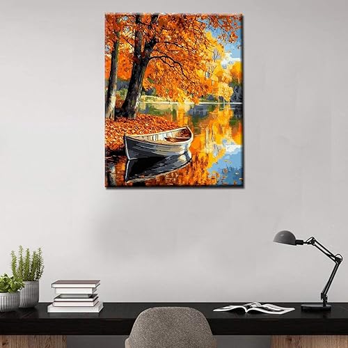 Miniatura 3 de Pintura enmarcada con árbol tropical de otoño por números para adultos, niños, principiantes, kit de pintura de bosque de montaña, 16 x 20 pulgadas,