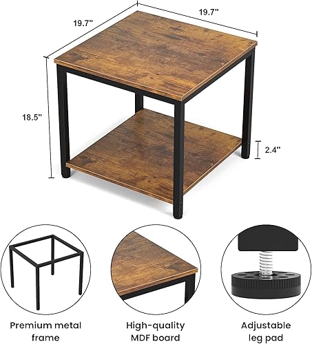Miniatura 12 de Homieasy Mesa auxiliar cuadrada de 20 pulgadas, mesa auxiliar de té de café de 2 niveles para sofá cama, decoración de madera de metal, mesa Negro