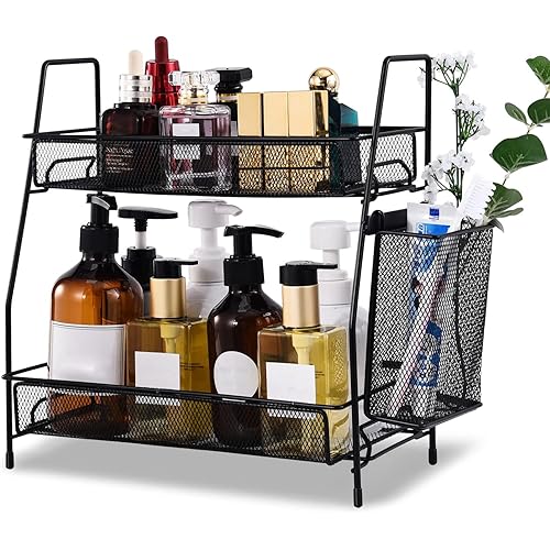 LEMIKKLE Countertop Organizer for Bathroom Counter, The Organizer for Bedroom, Spice Rack Organizer for Kitchen Counter Shelf with Small Basket(Black)