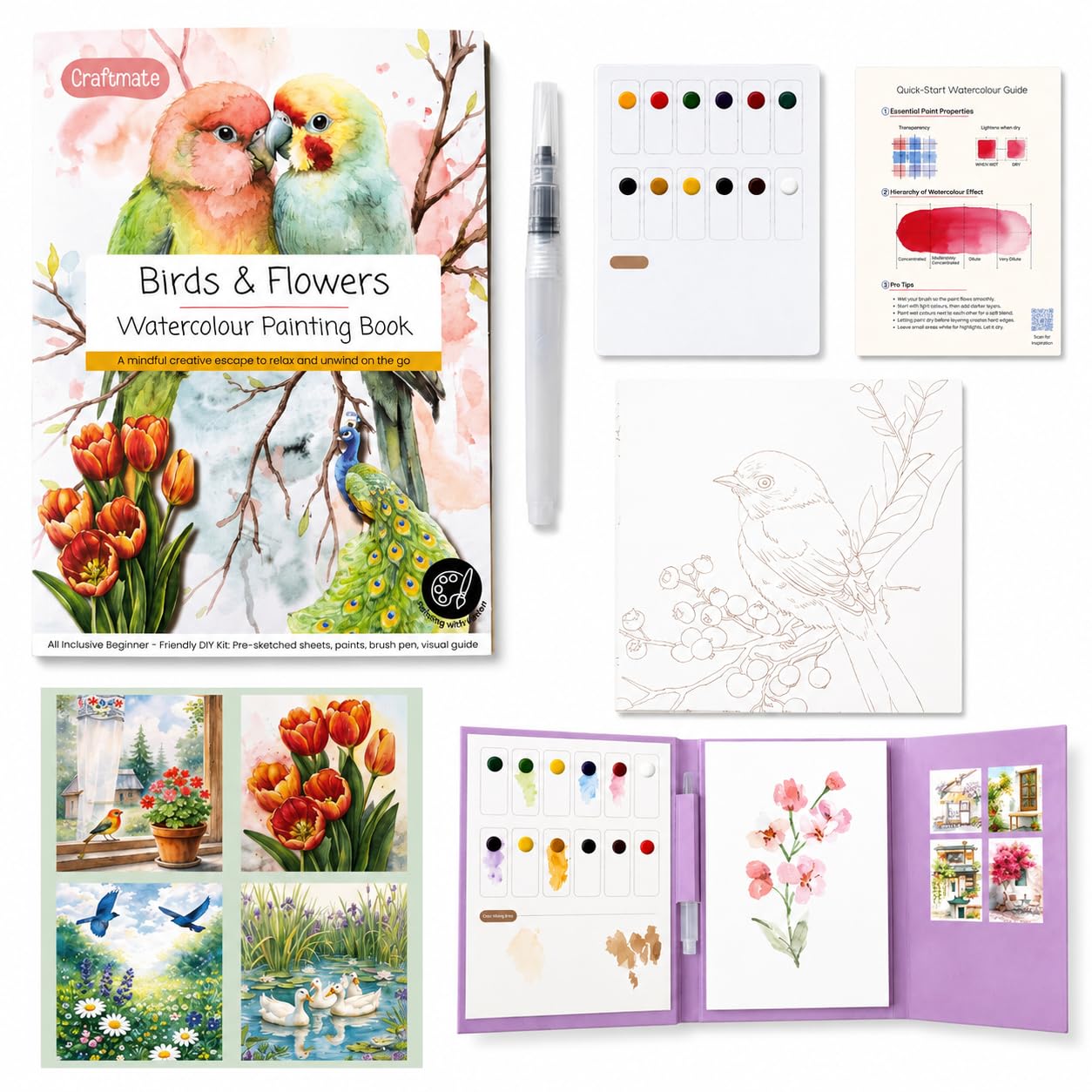 CRAFTMATE Birds & Flowers Watercolor Painting Book | DIY Paint with Water Kit for Kids, Teens & Adults | 16 Pre-Sketched Designs with Paint Palette & Water Brush Pen | Travel-Friendly Watercolour Art Book-image-39
